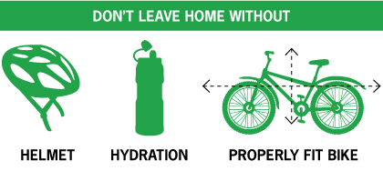 Don't leave home without your helmet, waterbottle, and a properly fitting bike