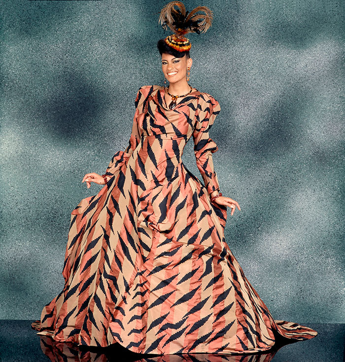 Vivienne Westwood, Ball Gown, special order, fall/winter 2002–03, silk ribbon taffeta with hand-silkscreened print, appeared in Simply Spectacular; photo courtesy of Johnson Publishing Company LLC.