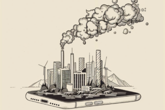 A simple line drawing of a city emanating from a phone screen. A stack atop a building releases a plume of smoke.