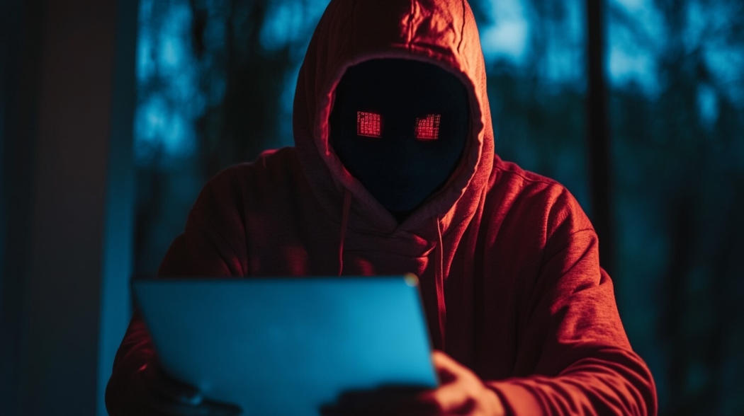 A figure with glowing red digital eyes holds a tablet